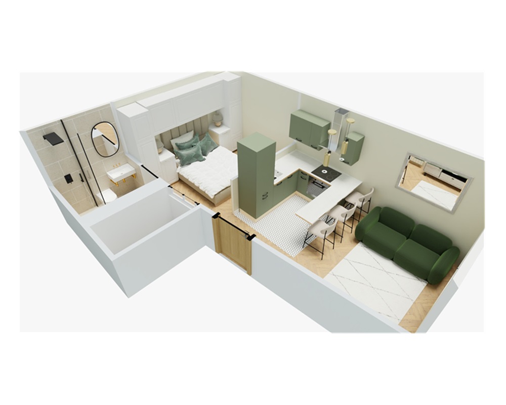 Plan d'aménagement en coupe 3D du studio Vanves